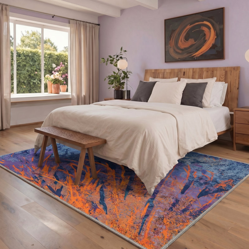 Tonicka Aura Modern Machine Washable Blue / Orange Indoor Area Rug with Non-Slip Backing, Round 5'