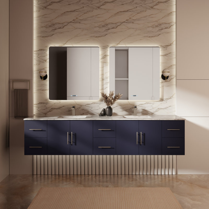 Geneva 84" Wall-Mounted Double Bathroom Vanity Set with Mirror, Navy Blue, White Carrara Marble