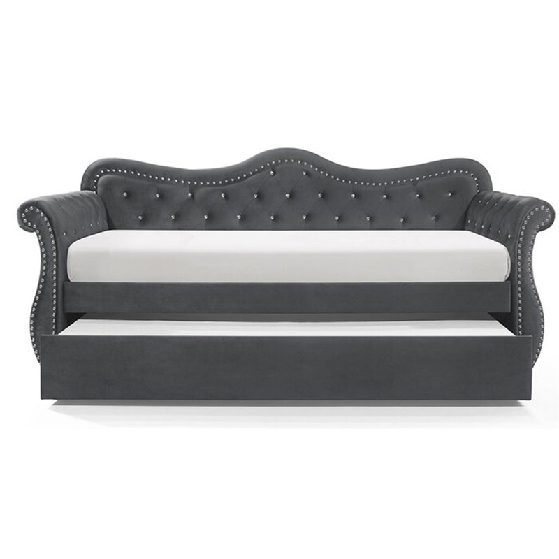 Upholstered Velvet Wood Daybed With Trundle, Gray