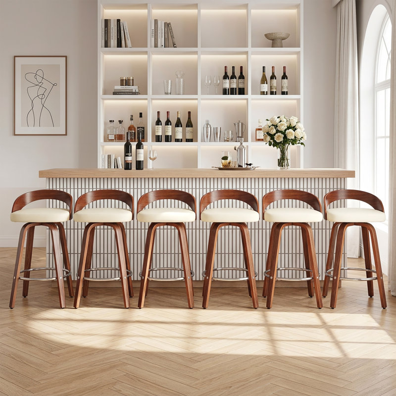 Swivel Bar Stools Set Of 2, 24.6" Counter Height Bar Stools, Mid-Century Modern Upholstered Beige Barstools With Bentwood Curved Back And Legs, Comfortable Footrest, For Kitchen Island Counter