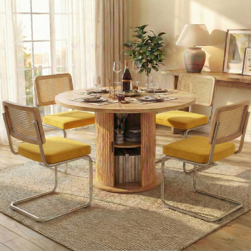 5-piece Round Pedestal Dining Set With Cane Back Cantilever Chairs, Yellow