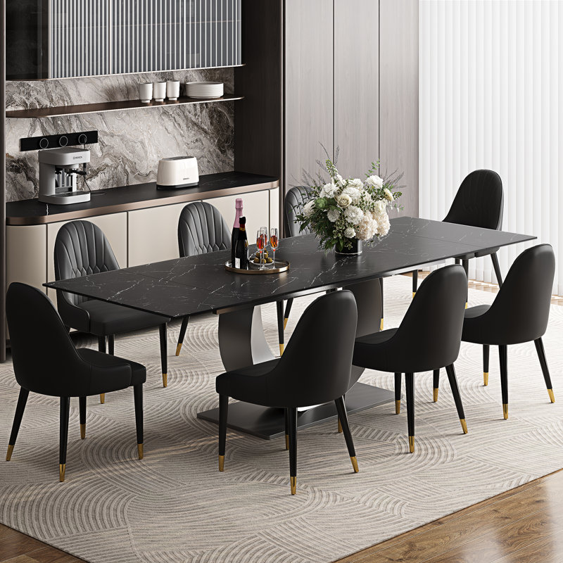 Ensemble de table de salle à manger extensible en fritté de 94,5 po avec 8 chaises en similicuir, ensemble de salle à manger de luxe moderne 9 pièces avec base en U en acier inoxydable