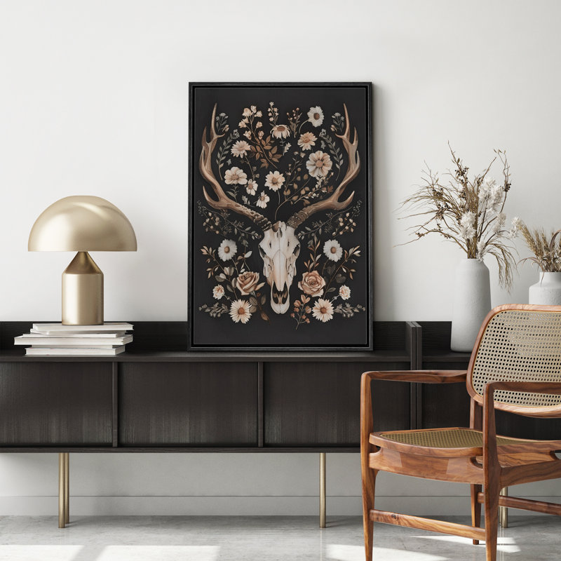 Animals In Flowers " Moody Gothic Animals Goat Skull Dark Floral Botanical Daisies Artwork Paintings ", Black , 24" H x 16" W