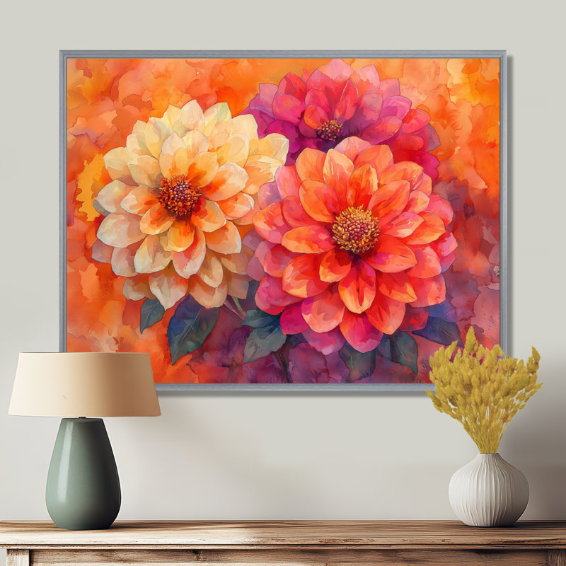 Coucher de soleil aux couleurs vives, Dahlia vision II - Dahlia, art mural, H 12 po x l 20 po, Picture Framed, Argent argent