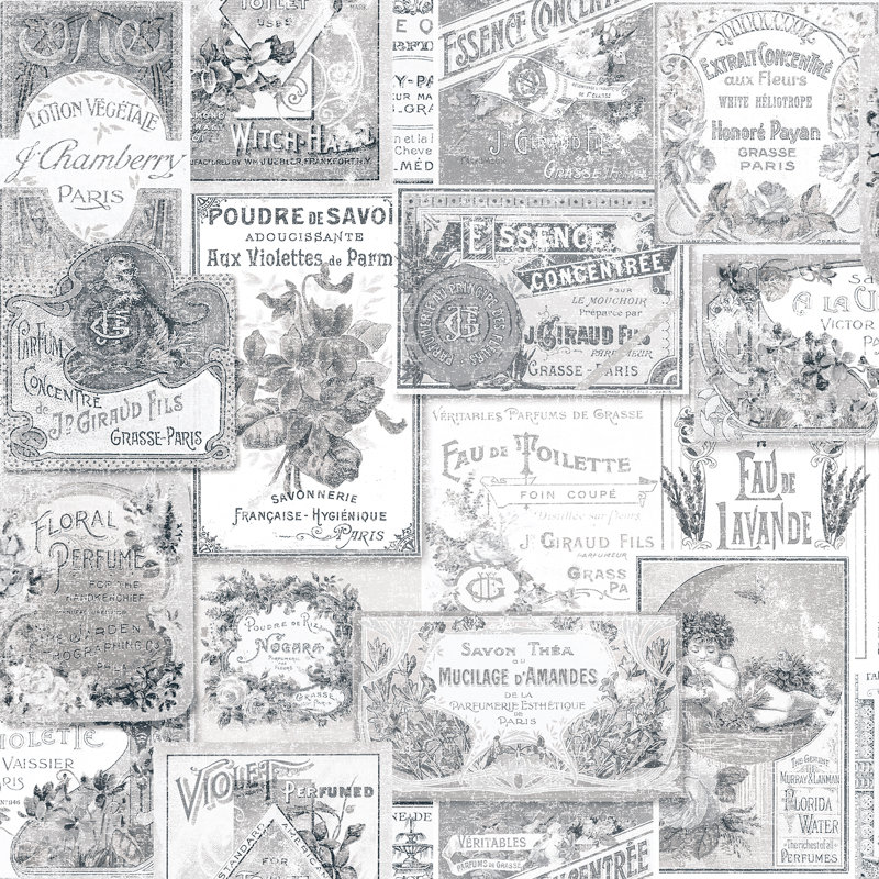 Anthologie Perfume Label 10m x 53cm Matte Wallpaper Roll, Grey/White