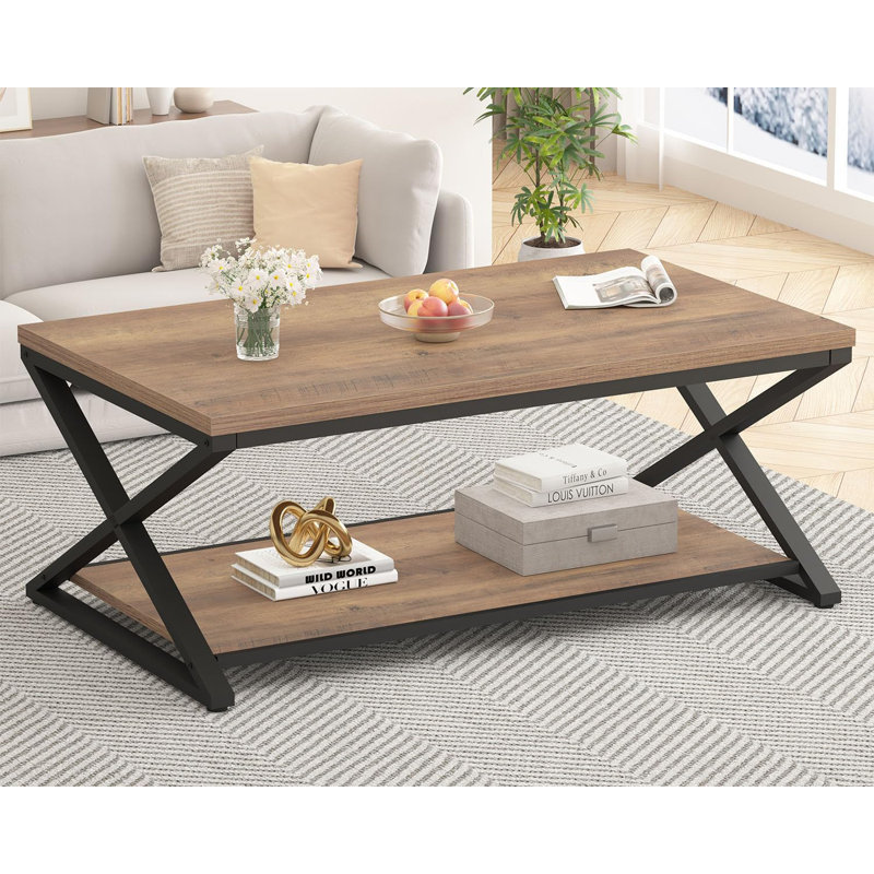 Rustic Oak and Black Metal 47" Coffee Table with Storage Shelf