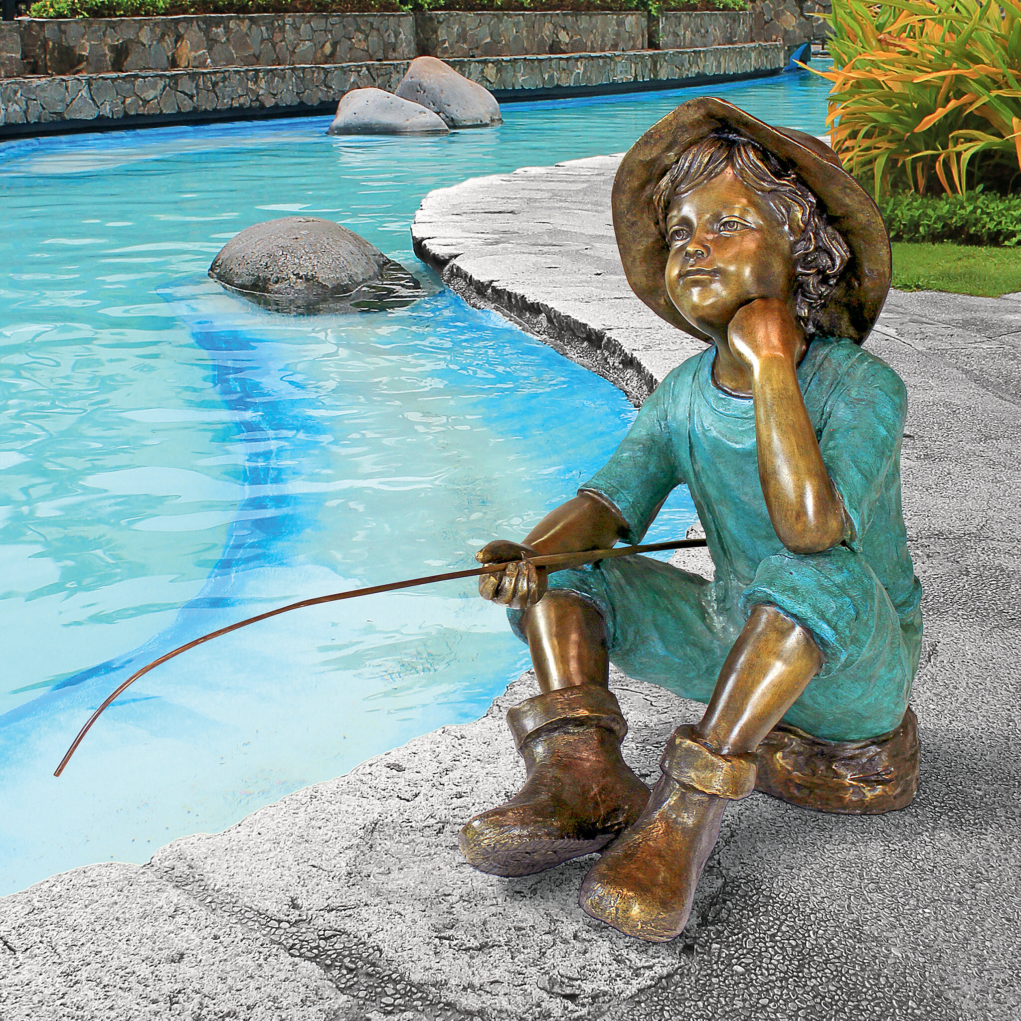 Fish Wish Fisher Boy Cast Garden Statue