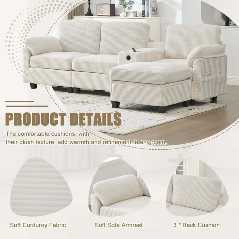 Luxury Modular Living Sofa, Beige Corduroy