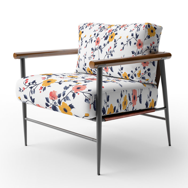 Chaise rembourrée Country Farmhouse - rose et cerisier jaune avec accoudoirs rose, Bras ronds bruns