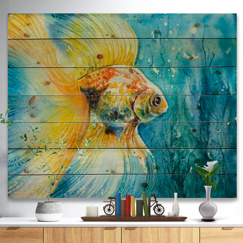 « un poisson rouge », impression, H 15 po x l 20 po x P 1 po, Bois