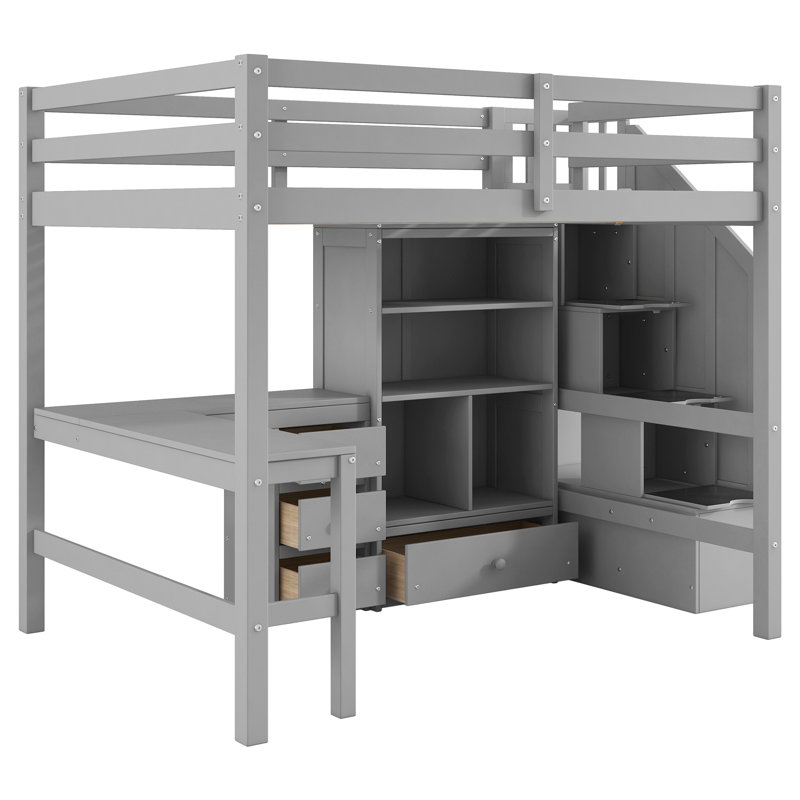 Lit mezzanine en bois avec bureau, tiroirs et escalier de rangement Vaughn, Plein, Gris