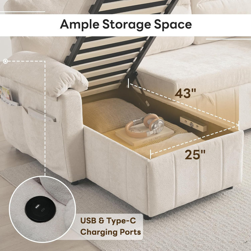 84''W Chenille Convertible L Shape Sectional Sleeper Sofa With USB And Storage, White Polyester Blend