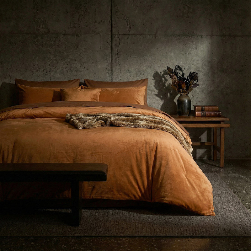 Ensemble d'édredon en velours brun et orange, très grand lit, caramel, literie douce, moelleuse, chaude, flanelle, courtepointe, couverture, femmes, filles, terre cuite, édredon