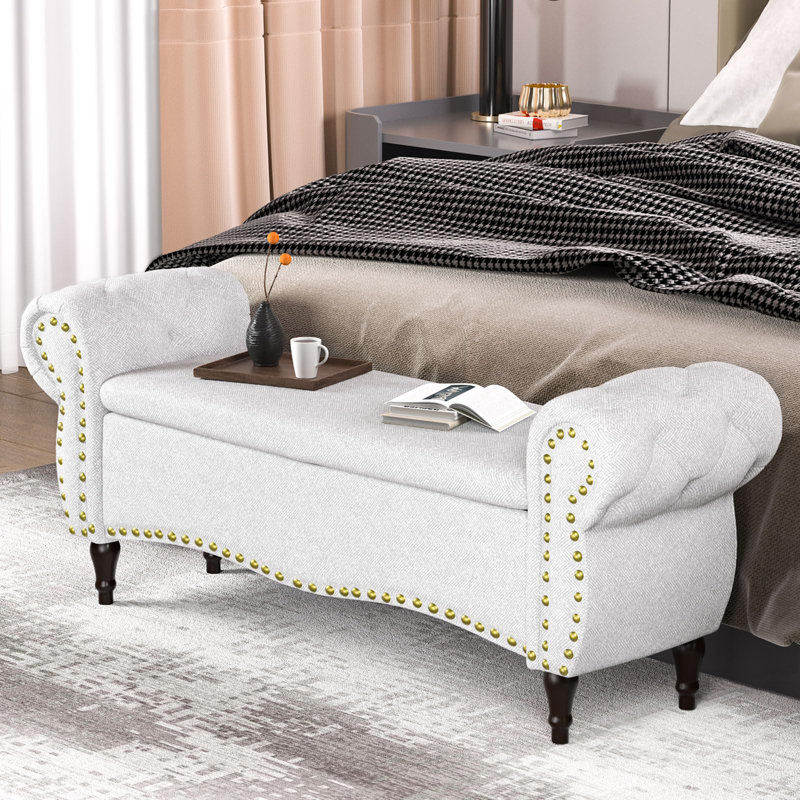 53" Length Upholstered Bench & Ottoman, Light Beige