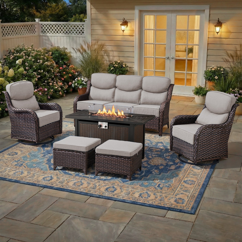 7 - Person Luxury Wicker Patio Furniture Set With Fire Pit Table & 6-Inch Extra-Thick Cushion Swivel Chairs, Beige, Brown