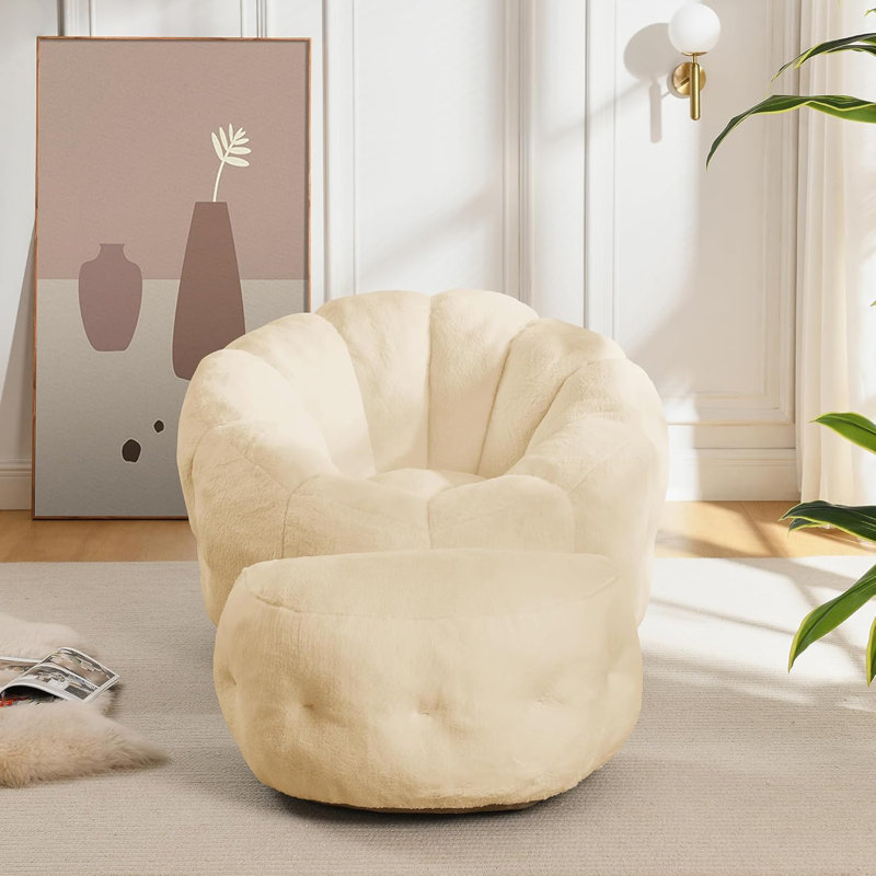 Wilder 46" Petal-Shaped Faux Rabbit Fur Bean Bag Chair with Ottoman - Luxury Floor Seating for Bedroom, Living Room & Study