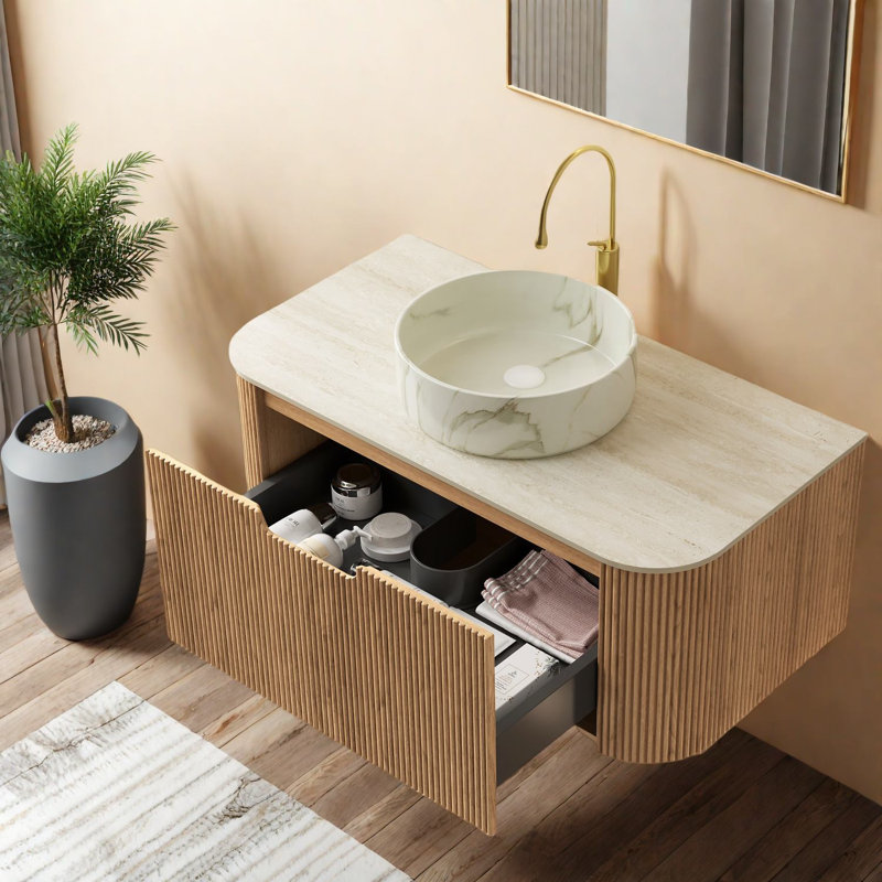 Meuble-lavabo moderne avec lavabo, en bois naturel et comptoir en pierre, fixation murale.