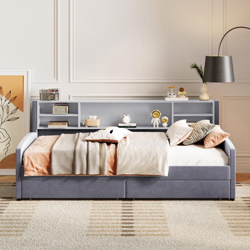 Lit plateforme tapissier avec rangement et tiroirs
