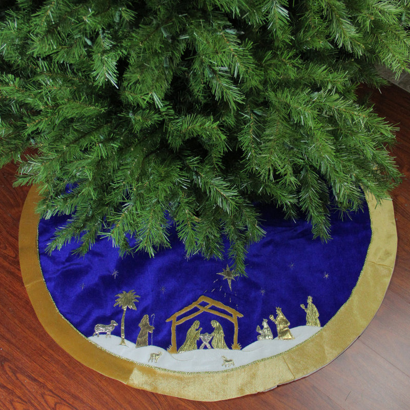 Jupe d’arbre de Noël en forme de crèche bleu et or 48 "avec bordure dorée