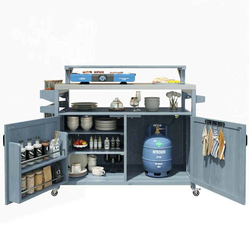 Îlot de cuisine extérieur avec armoire de rangement en bois massif et plateau en acier inoxydable, Gris te bleu