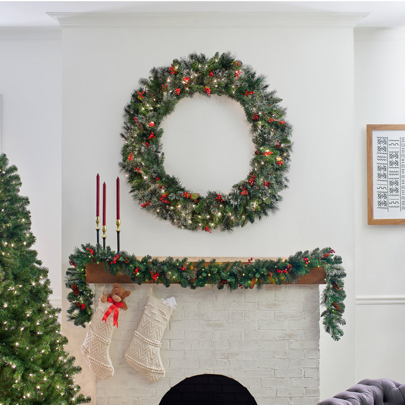 Wintry Pine Wreath with Clear Lights, 48" H x 48" W x 7" D