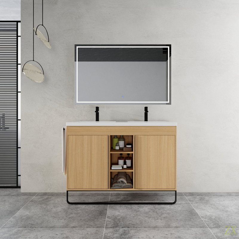 Ensemble de meuble-lavabo autoportant 48 po avec double lavabo en résine, porte à fermeture en douceur 2 et support de rangement à 3 ouvertures, emballage KD, contreplaqué