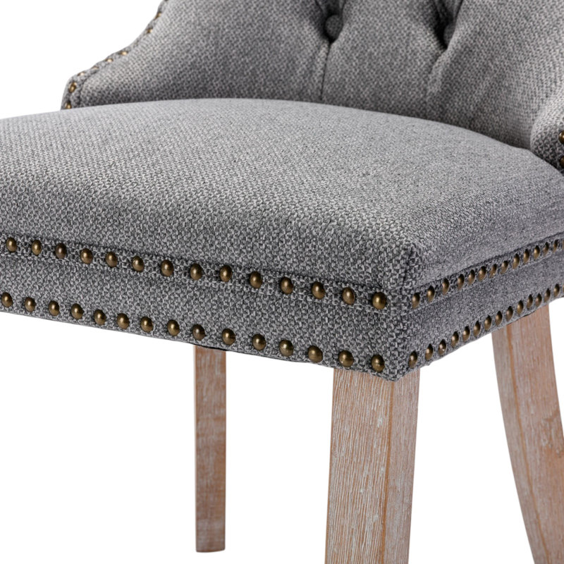 Seita Modern Linen Wingback Tufted Solid Wood Upholstered Dining Chairs, Oak Wood, Gray