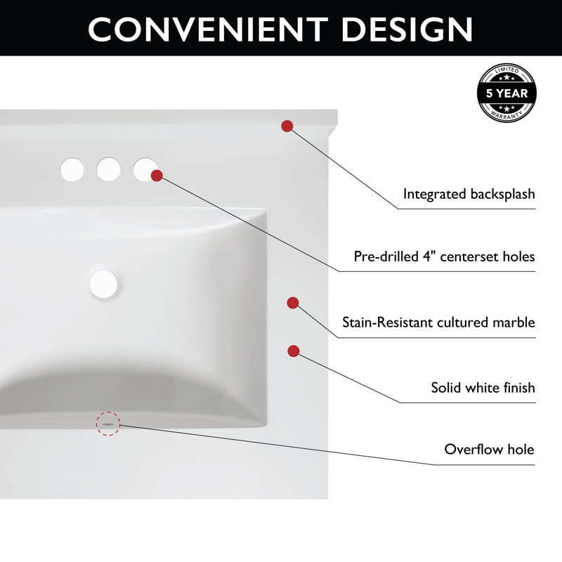 25-Inch Solid White Cultured Marble Vanity Top with Backsplash