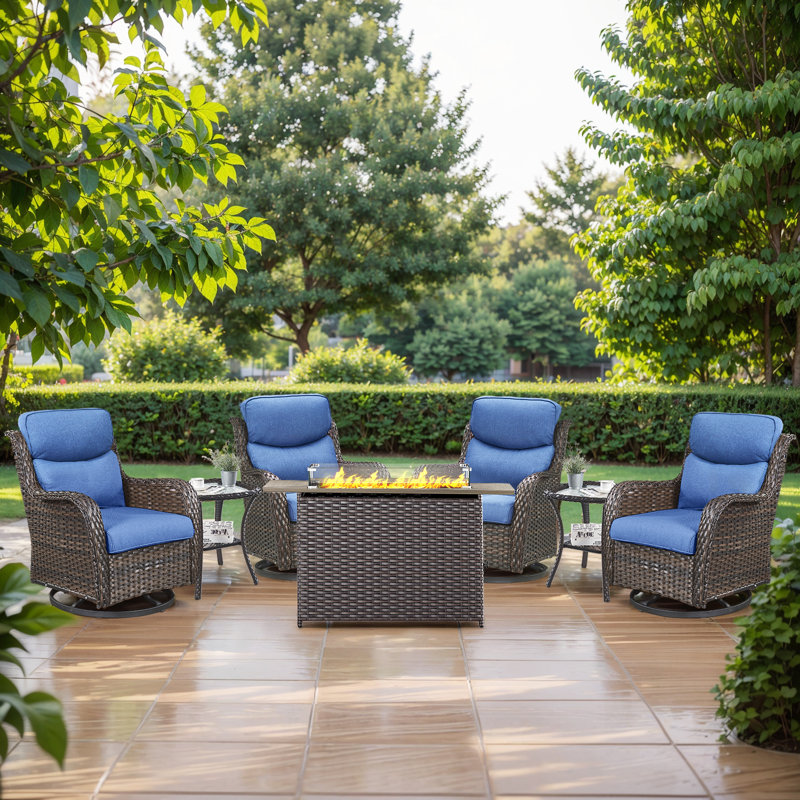 Simle 7-Piece Outdoor Seating Group PE Wicker Swivel Glider Chair With Cushions And Side Table, Blue, Brown