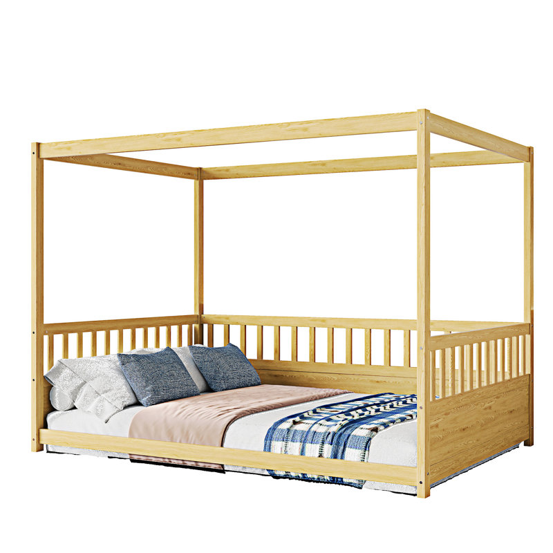 Canopy Bed Frame With Guardrails, Full, Natural Wood