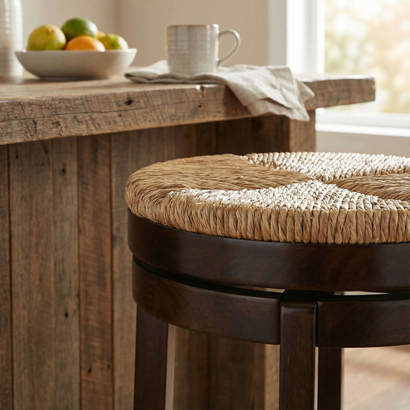 Tabouret de comptoir pivotant sans dossier en bois massif, siège en paille de 24 po