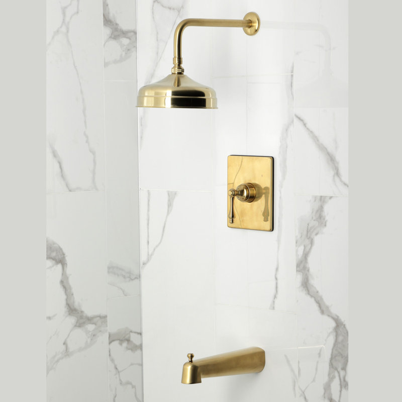 Robinet de baignoire et de douche à pression équilibrée à poignée simple Kingston Brass, Laiton brossé, Poignée levier