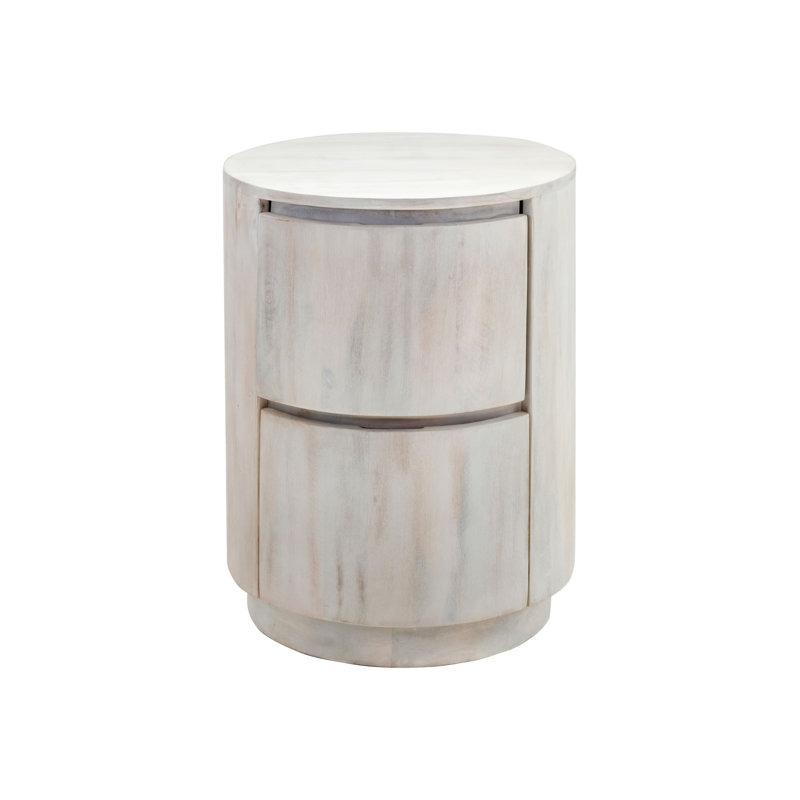 Table de bout ronde 24 po en bois massif blanc avec deux tiroirs