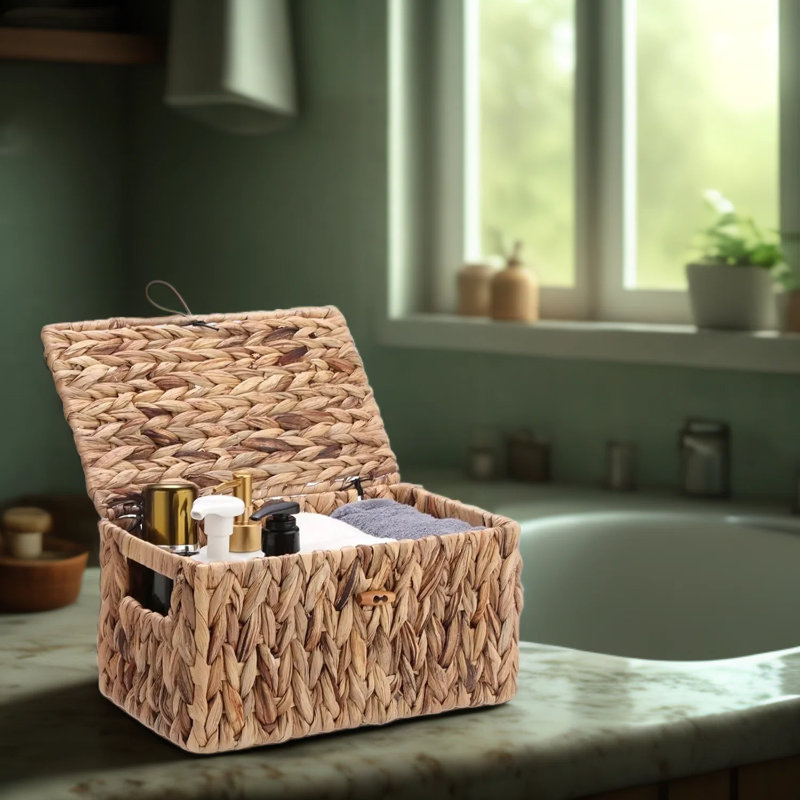 Lidded Storage Basket With Lid, Handwoven Water Hyacinth Organizer Bin For Bathroom, Vanity, And Countertop, Farmhouse Decorative Box For Toilet Paper, Towels, And Personal Items