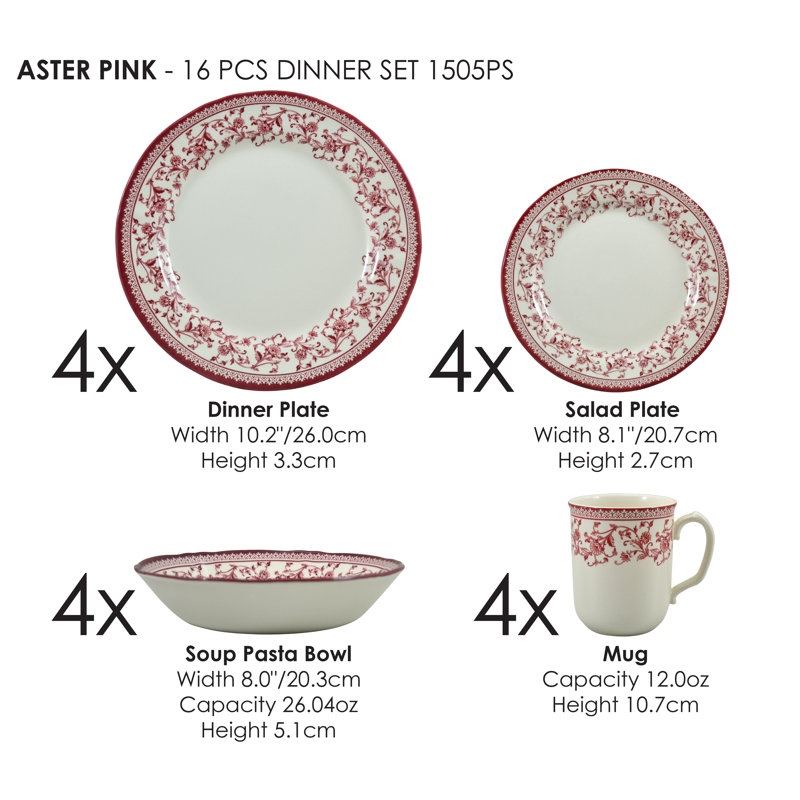 Service de table 16 pièces, service pour 4 aster rose