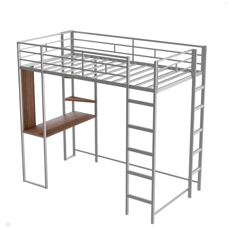 Lit mezzanine simple en métal avec 2 tablettes et un bureau
