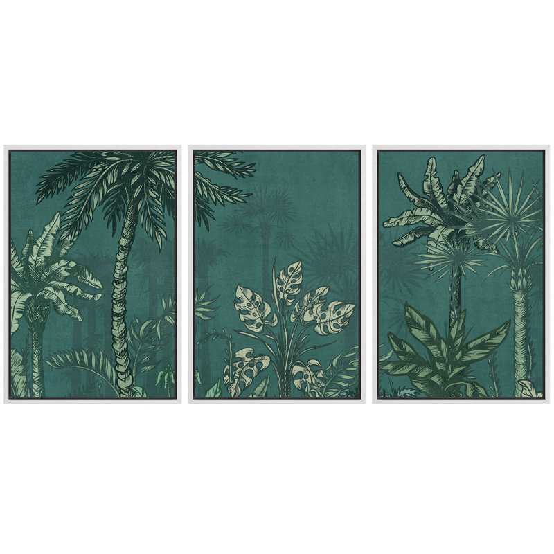 "Vintage Tropical Jungle Scene" en bleu sarcelle - reproduction d'art sur toile encadrée 3 pièces., Cadre blanc