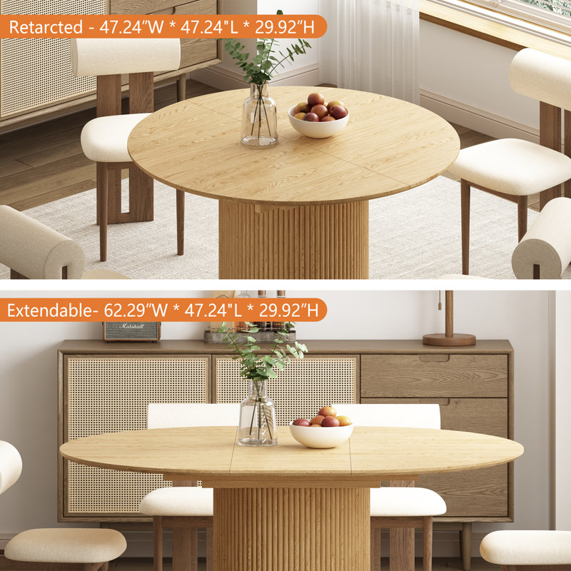 47-62" Solid Wood Round Extendable Dining Table