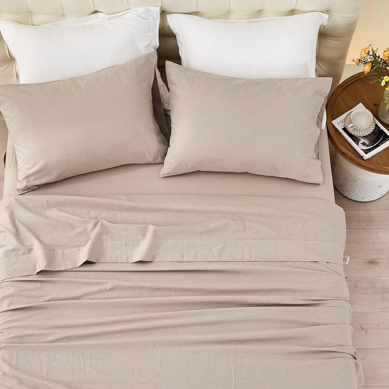 Belgian Linen Sheet Set Solid Color Natural Flax Cotton Blend Soft Breathable Farmhouse Bedding, Khaki