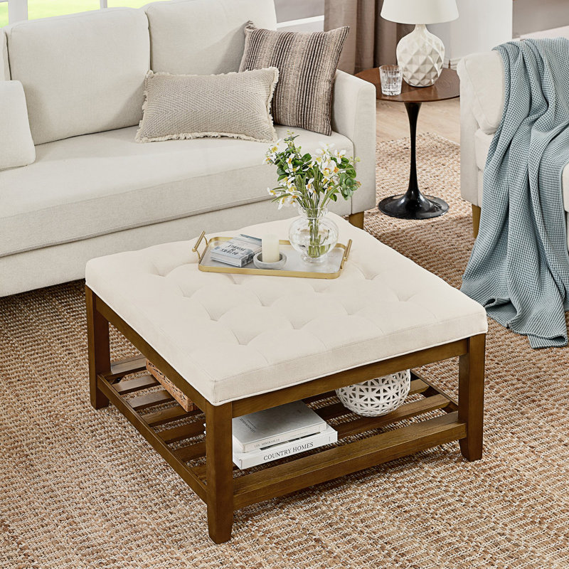 Upholstered Coffee Table Tufted Linen Large Square Ottoman with Beech Wood Shelf, Ivory