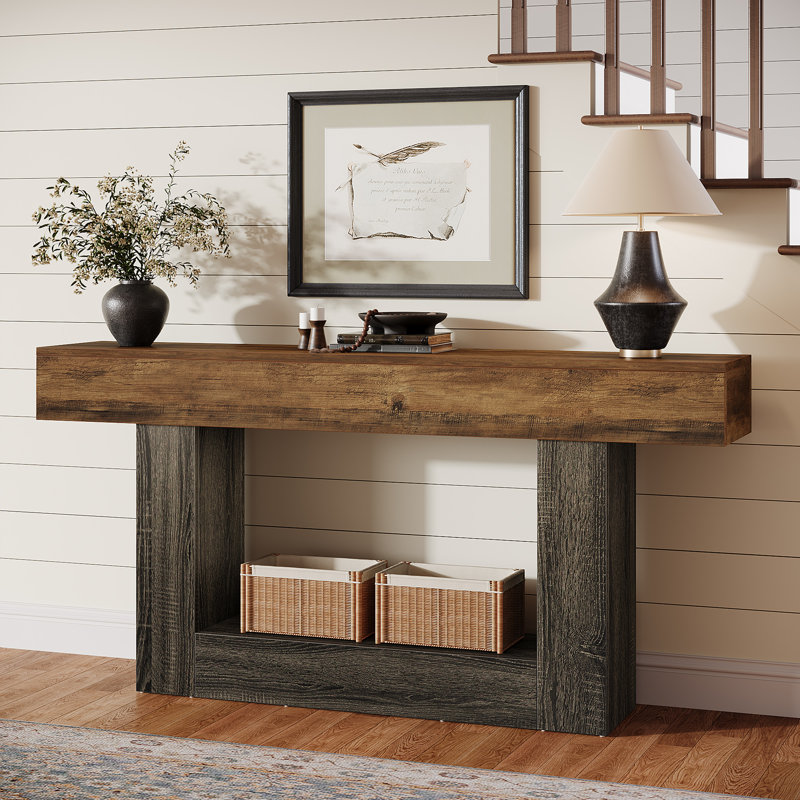 63" Console Table, Farmhouse Entryway Table, Narrow Wood Sofa Table for Living Room, Foyer, Vintage Brown/Dark Gray