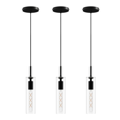 Ensemble de 3 luminaires suspendus noirs modernes pour îlot de cuisine, chambre à coucher, couloir - sans ampoules, ampoule E26, abat-jour en verre transparent, hauteur réglable de 14 à 68 pouces, finition mate, auvent d'installation, réglable