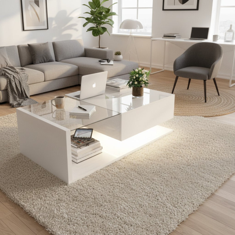 Coffee Table with Storage, 32.5cm H x 101.7cm W x 55cm D, White