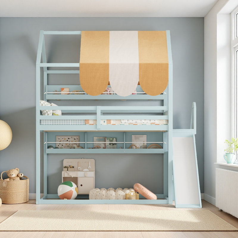 Full Size House Bed With Canopy, Slide & Built-In Bookshelves, Light Green