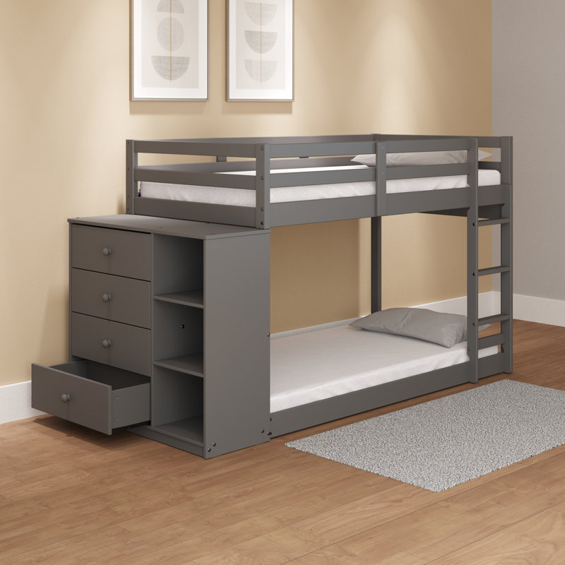 Lit simple / simple superposé au fini gris, 4 tiroirs et 3 compartiments de rangement, système de lattes, fixe, glissière de tiroir latérale en métal, arrêt, barrière de sécurité facile d'accès, lit en pin, tiroirs, compartiments, pin,