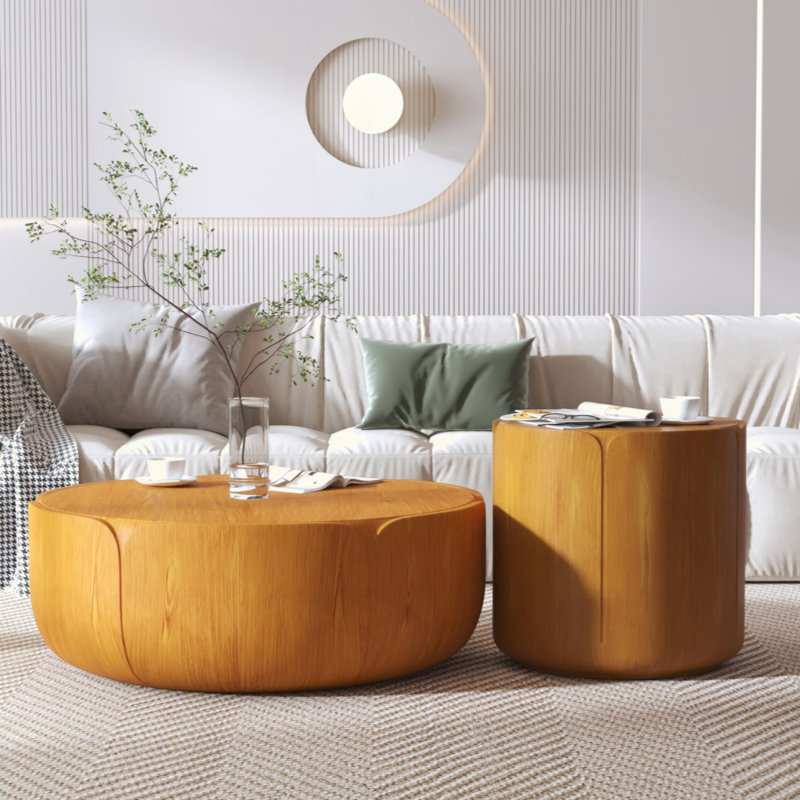 Table basse ronde imperméable Modern MGO (oxyde de magnésium), Naturel, Ensemble de 2