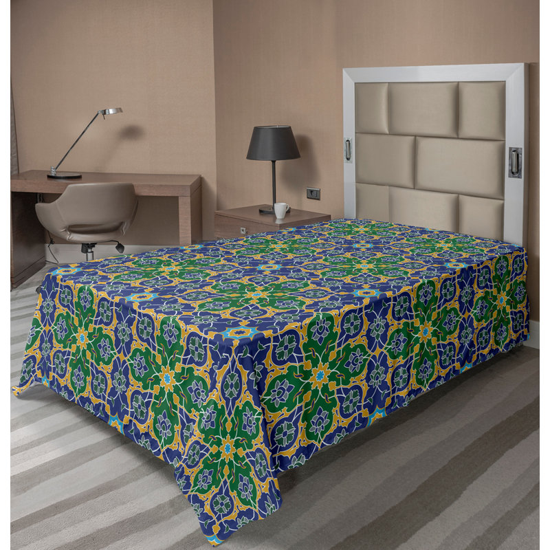 Drap plat Ambesonne Orient, Jaune, vert et bleu sarcelle / motif damassé, Drap plat pour lit simple TG