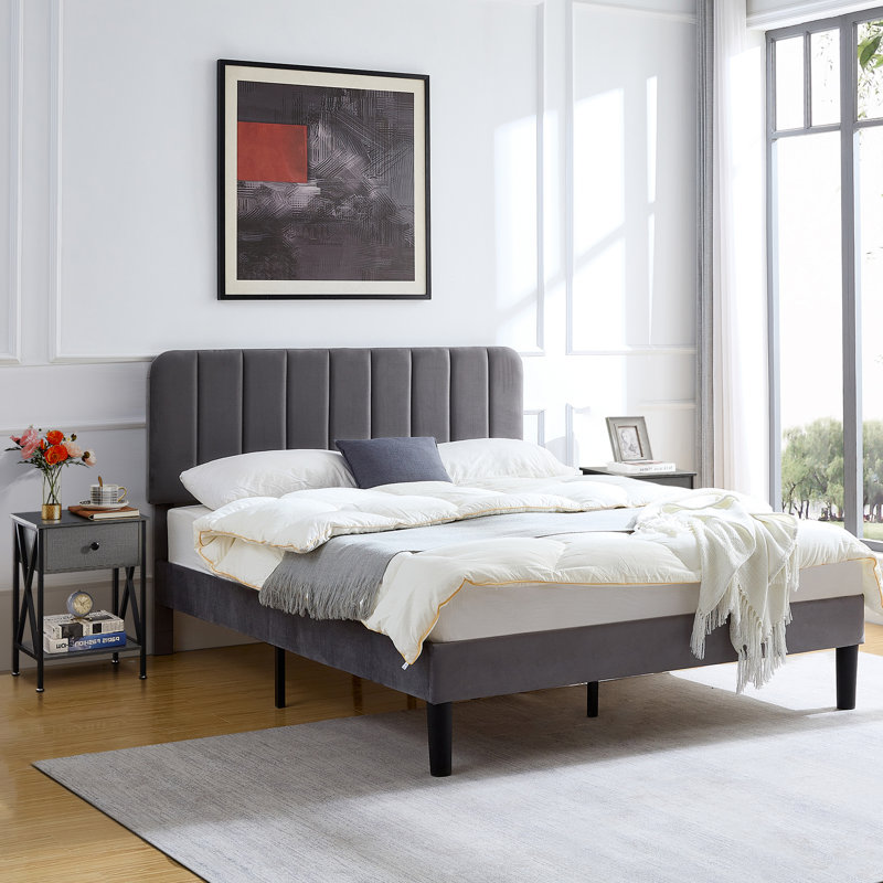 Pokorny 3 Piece Bedroom Set, Velvet Upholstered Platform Bed Frame with Adjustable Headboard and 2 Nightstands, Modern Queen Size Bedroom Furniture Set with Wood Slats, No Box Spring Required, Easy Assembly