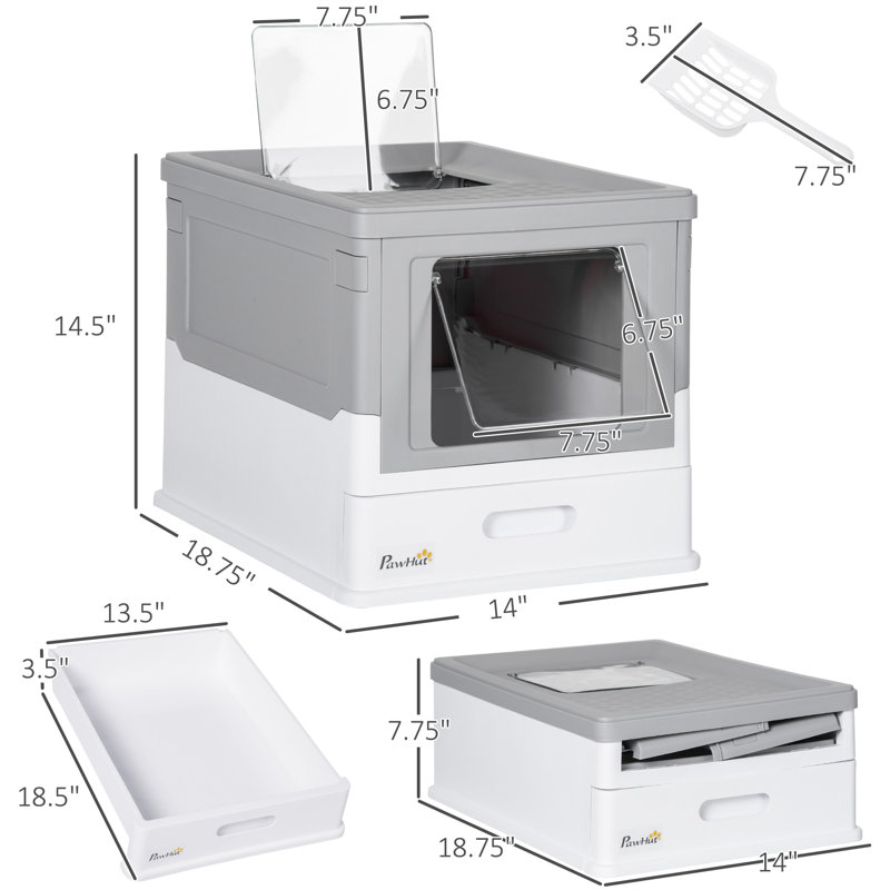 PawHut Fully Enclosed Cat Litter Box with Scoop, Hooded Cat Litter House with Drawer Type Tray, Foldable Smell Proof Cat Potty with Front Entry, Top Exit, Portable Pet Toilet with Large Space, Grey