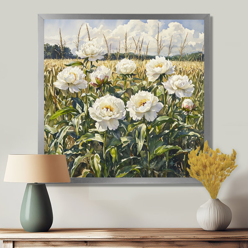 Été pivoines dans le champ de maïs III - pivoines, art mural pour le salon, Reproduction encadrée d'une seule photo
